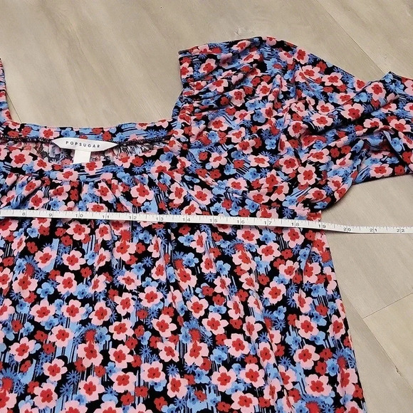 🛍Popsugar Red Blue Floral 3/4 Cinched Sleeve Square Neck Blouse Womens Large - Picture 5 of 6
